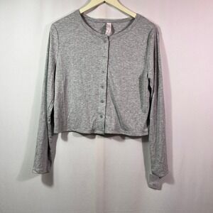 Auden Womens Gray Ribbed Button Front Cropped Cardigan Sleep Top Large NWT